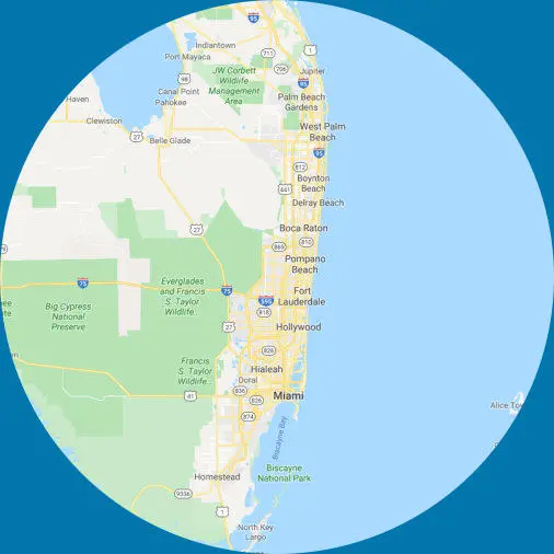 Map of the South Florida service area from West Palm Beach to Miami